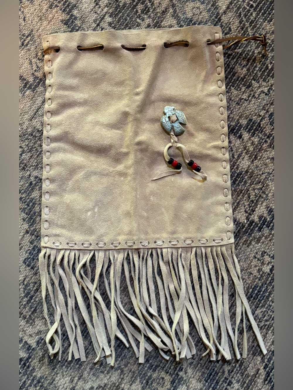 VTG Leather Suede Fringe Drawstring Pouch/Medicine Bag Thunderbird Concho 17x9.5